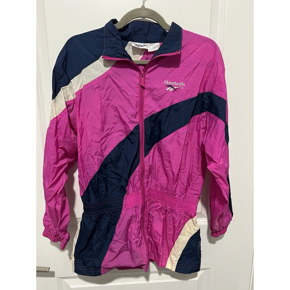 Reebok Vintage Women's Windbreaker Jacket Full Zip Long Sleeve Nylon Sz XL Pink